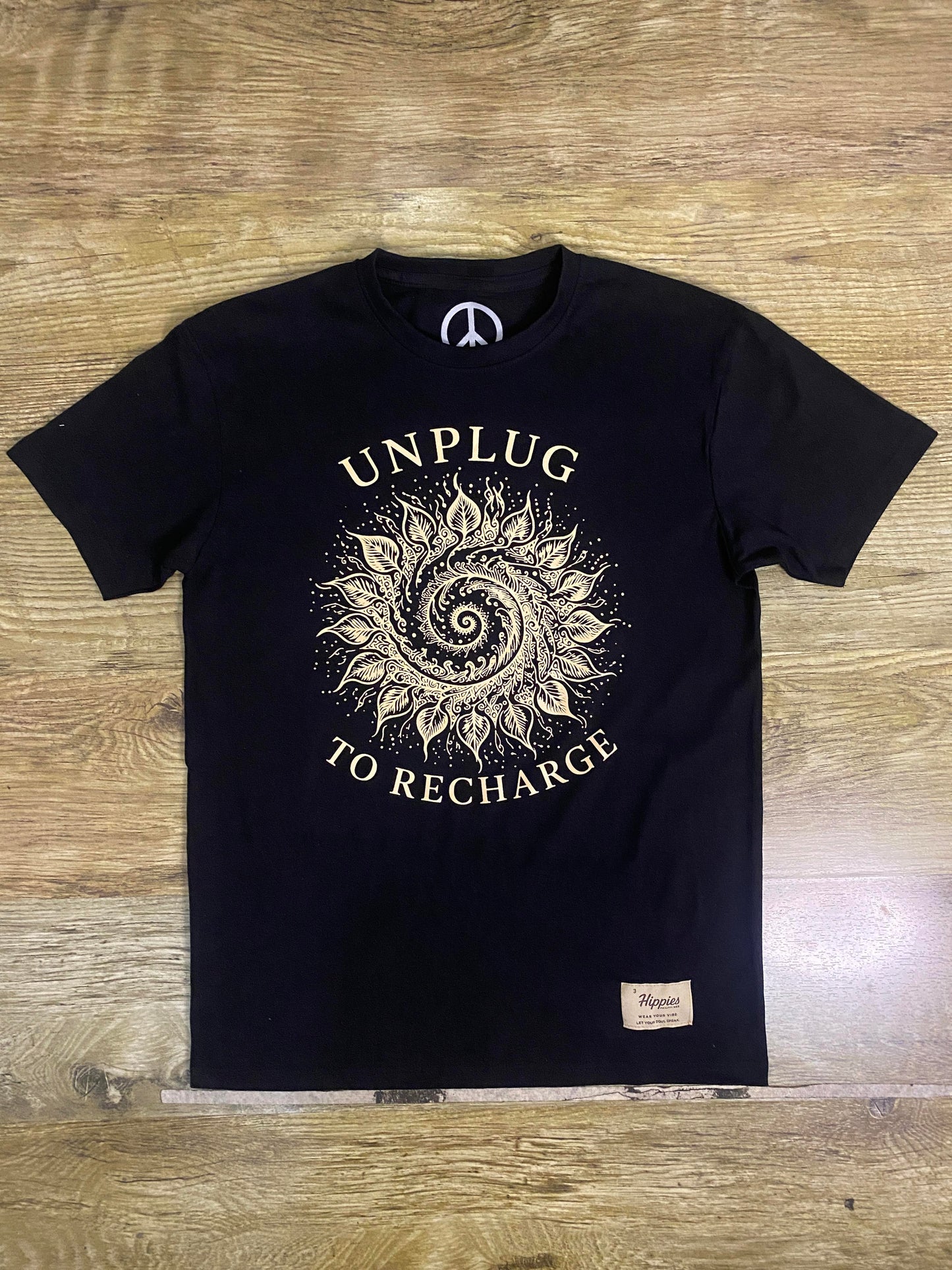 Unplug to Recharge T-Shirt – (Vintage Cream Print Version ) - Pure Cotton Regular Fit American Size Black Tee