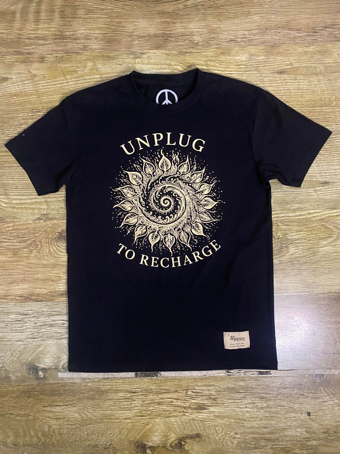 Unplug to Recharge T-Shirt – (Vintage Cream Print Version ) - Pure Cotton Regular Fit American Size Black Tee