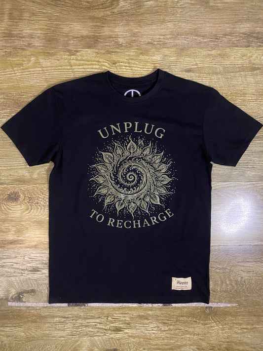 Unplug to Recharge T-Shirt - (Vintage Olive Print Version) Pure Cotton Regular Fit American Size Black Tee
