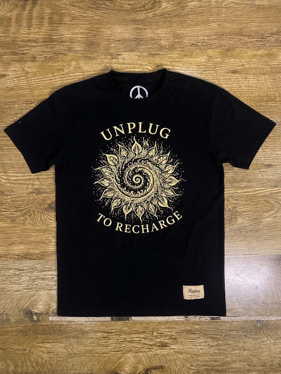 Unplug to Recharge T-Shirt – (Vintage Cream Print Version ) - Pure Cotton Regular Fit American Size Black Tee