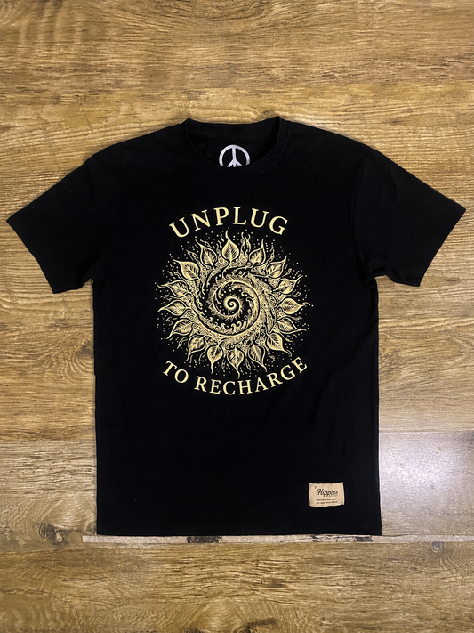 Unplug to Recharge T-Shirt – (Vintage Cream Print Version ) - Pure Cotton Regular Fit American Size Black Tee