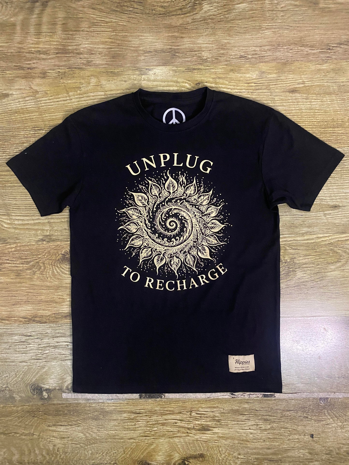 Unplug to Recharge T-Shirt – (Vintage Cream Print Version ) - Pure Cotton Regular Fit American Size Black Tee