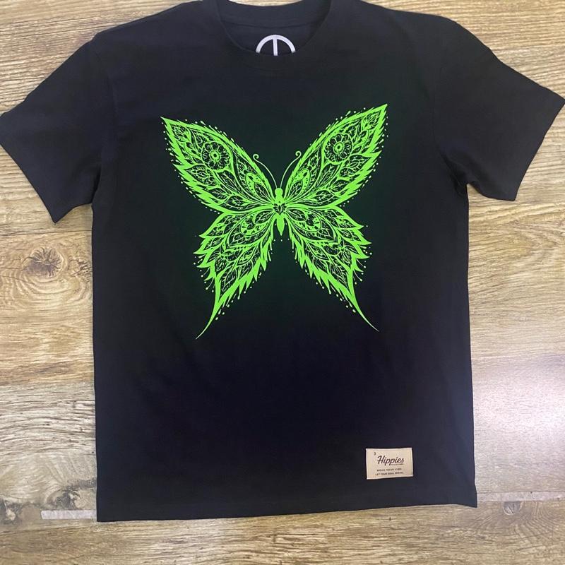 Green Butterfly T-Shirt - Pure Cotton Regular Fit American Size Black Tee